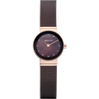 BERING Classic women's watch, round rose gold polished case with brown mother-of-pearl dial, diamond indices, rose gold hands, brown milanese mesh strap, 22mm.
