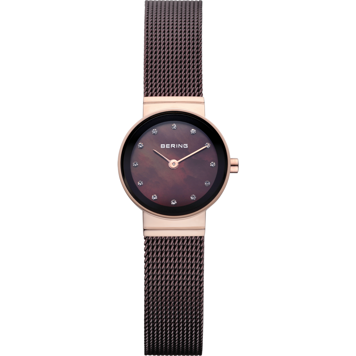 BERING Classic dameur med rundt poleret roseguld-etui, brunt perlemorsur, diamantindekser, roseguld-visere, brunt milanese-mesh-rem, 22mm.