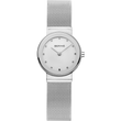 Bering Classic women's watch, 26mm round polished silver stainless steel case with silver dial and Swarovski crystal hour markers, silver milanese strap.