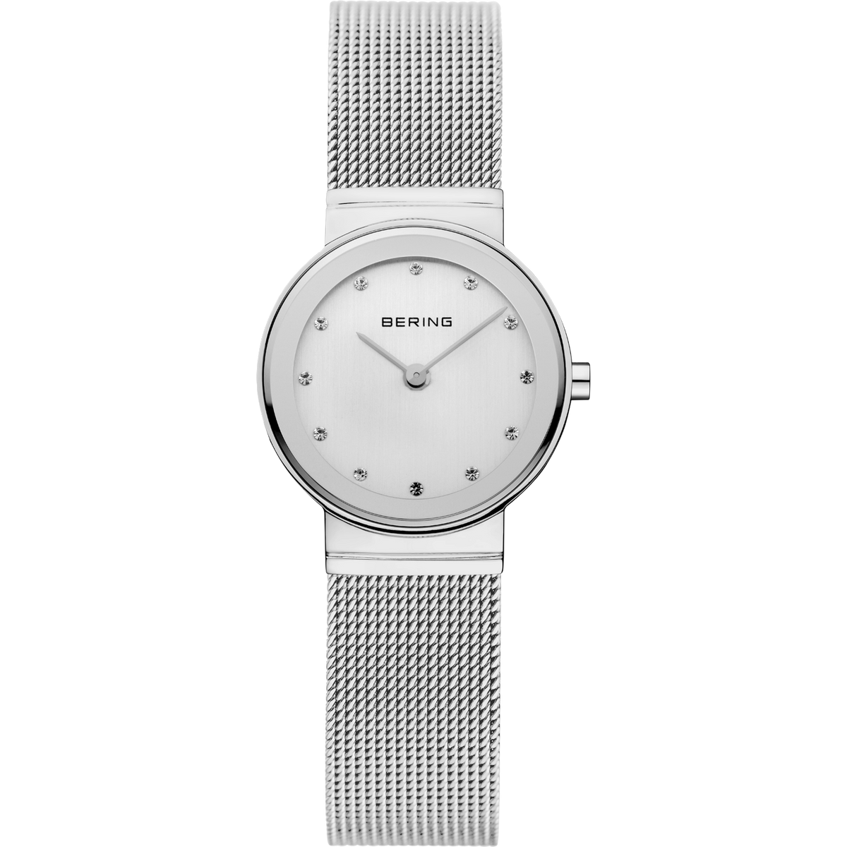 Bering Classic dameur, 26 mm rundt poleret sølvfarvet rustfrit stålhus med sølvfarvet urskive og Swarovski-krystal-timemarkører, sølvfarvet milanese-rem.