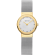 Reloj BERING Classic para mujer, caja redonda oro pulido, esfera plateada con cristales Swarovski, correa malla plateada