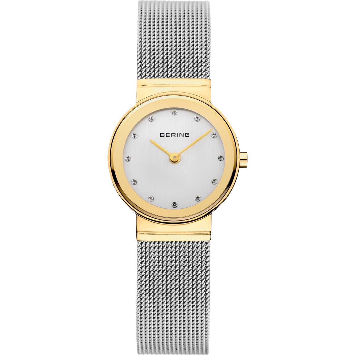 BERING Classic dameur med rund poleret guldramme, sølvfarvet urskive med Swarovski-krystaller, sølvfarvet mesh-rem