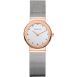 BERING Classic dameshorloge, gepolijst rond roségouden kast, zilveren wijzerplaat met kristalindices, zilveren Milanese band