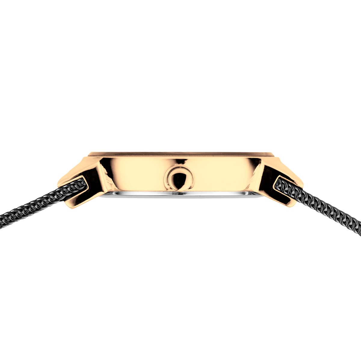 Zijprofiel van het horloge met roségouden kast, helder wijzerplaat en zwart mesh-bandje