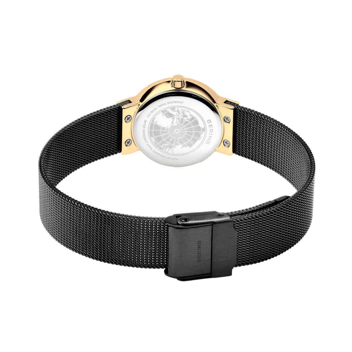 Zwart mesh-bandje met goudkleurige eindstukken, witte kast en zwarte magnetische sluiting.