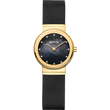 Gold-toned watch with dark blue dial, mesh bracelet, and rectangular hour markers.