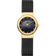 Horloge met gouden kast, donkerblauwe wijzerplaat, mesh bandje en uurindices.