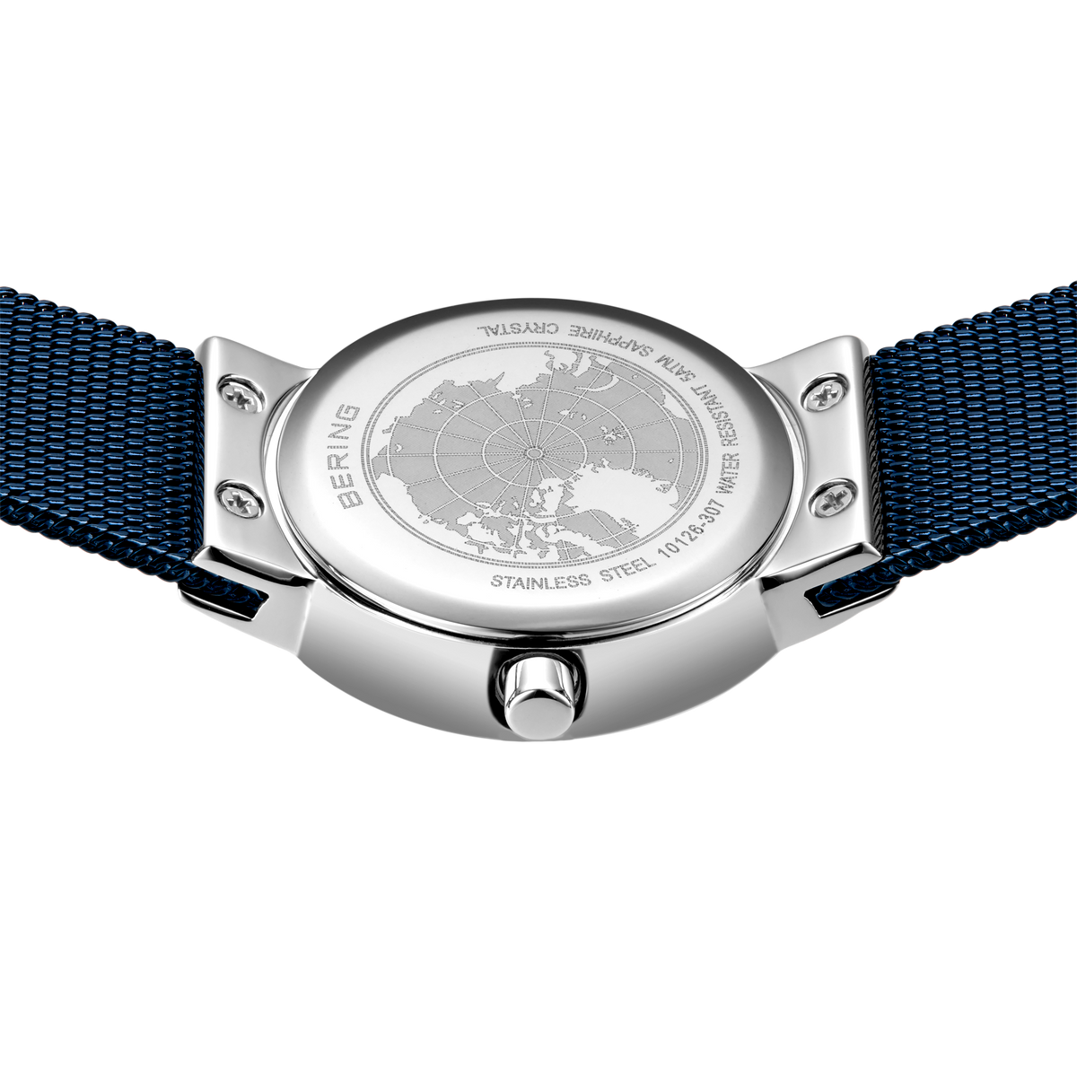 BERING 10126-307 kast achterkant met gepolijst staal en wereldkaart-gravering, donkerblauw textielband