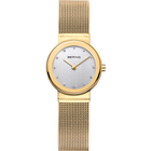 Goudkleurig horloge met ronde zilveren wijzerplaat en mesh band