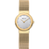 Goudkleurig horloge met ronde zilveren wijzerplaat en mesh band