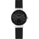 Schwarze BERING-Armbanduhr mit Silbergehäuse, Diamant-Stundenmarkierungen und schwarzem Lederband, frontal fotografiert