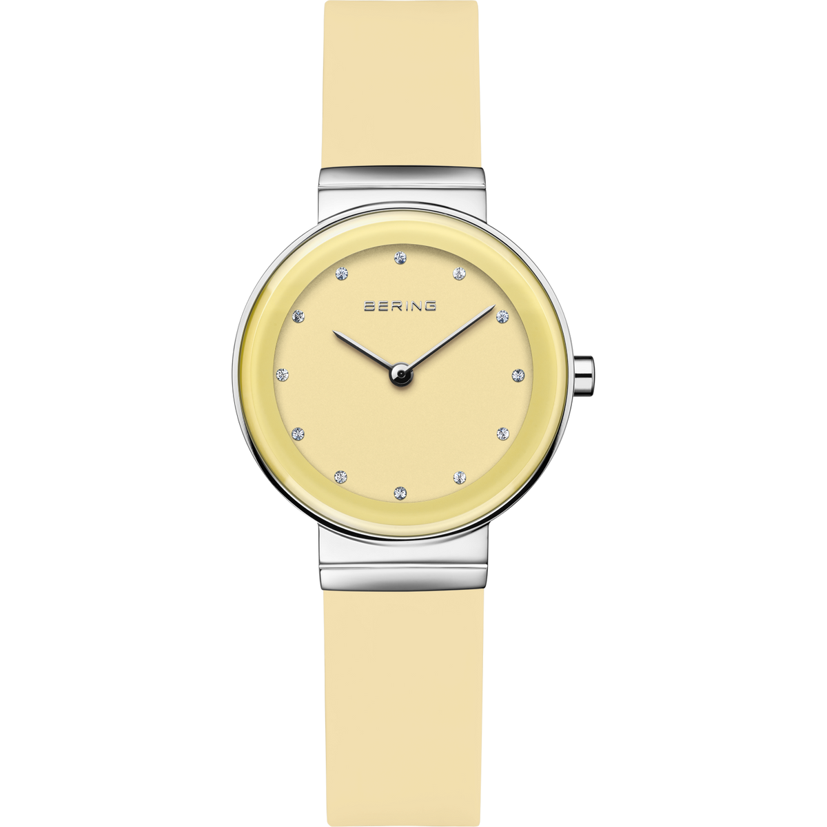BERING armbåndsur med beige urskive, stålkabinet, minimale stenmarkører og champagne mesh-bånd.