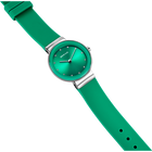Montre-bracelet avec cadran et boîtier verts, aiguilles et index blancs, bracelet textile vert avec passants métalliques