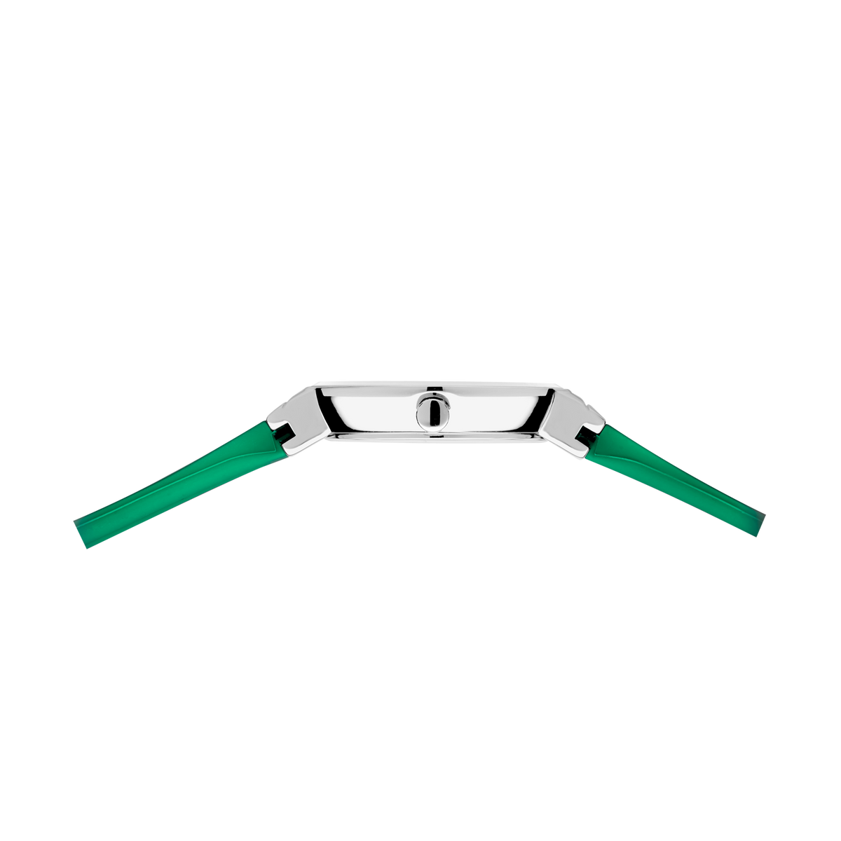 Montre avec boîtier rectangulaire argenté et bracelets verts, vue de dessus