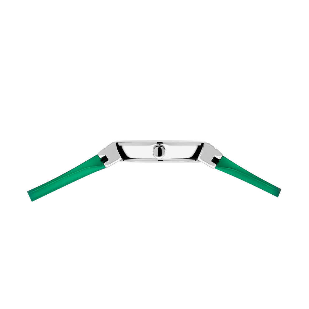 Montre avec boîtier rectangulaire argenté et bracelets verts, vue de dessus