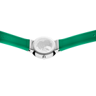 Montre-bracelet à boîtier rond argenté et bracelets caoutchouc verts larges aux cornes.