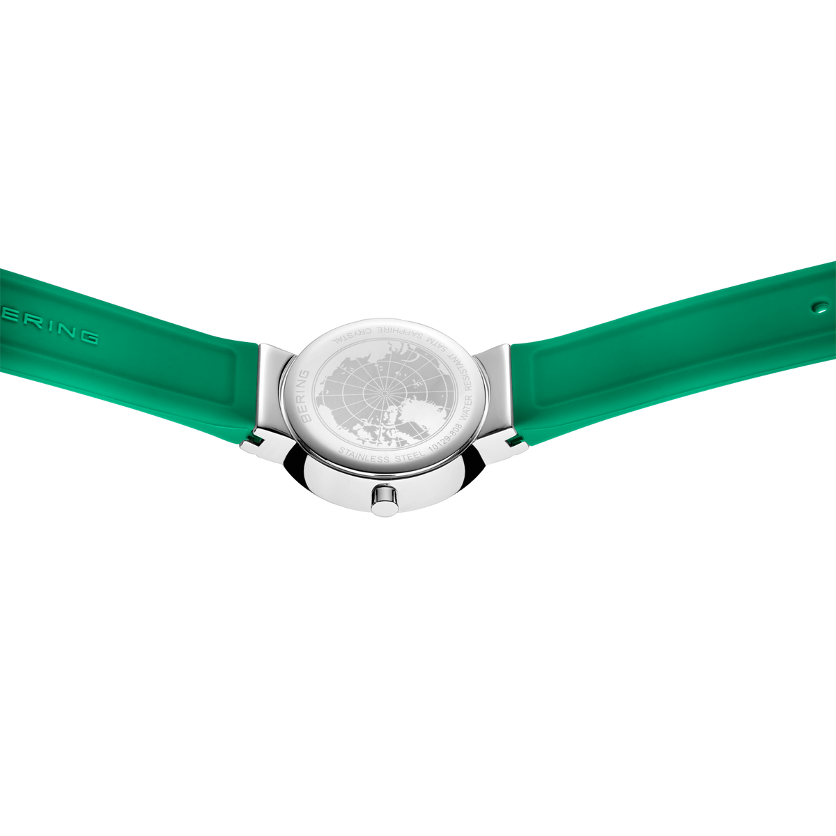 Montre-bracelet à boîtier rond argenté et bracelets caoutchouc verts larges aux cornes.