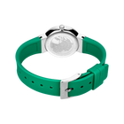 Montre vue de l'arrière avec bracelet vert et boîtier argenté, boucle en métal visible.