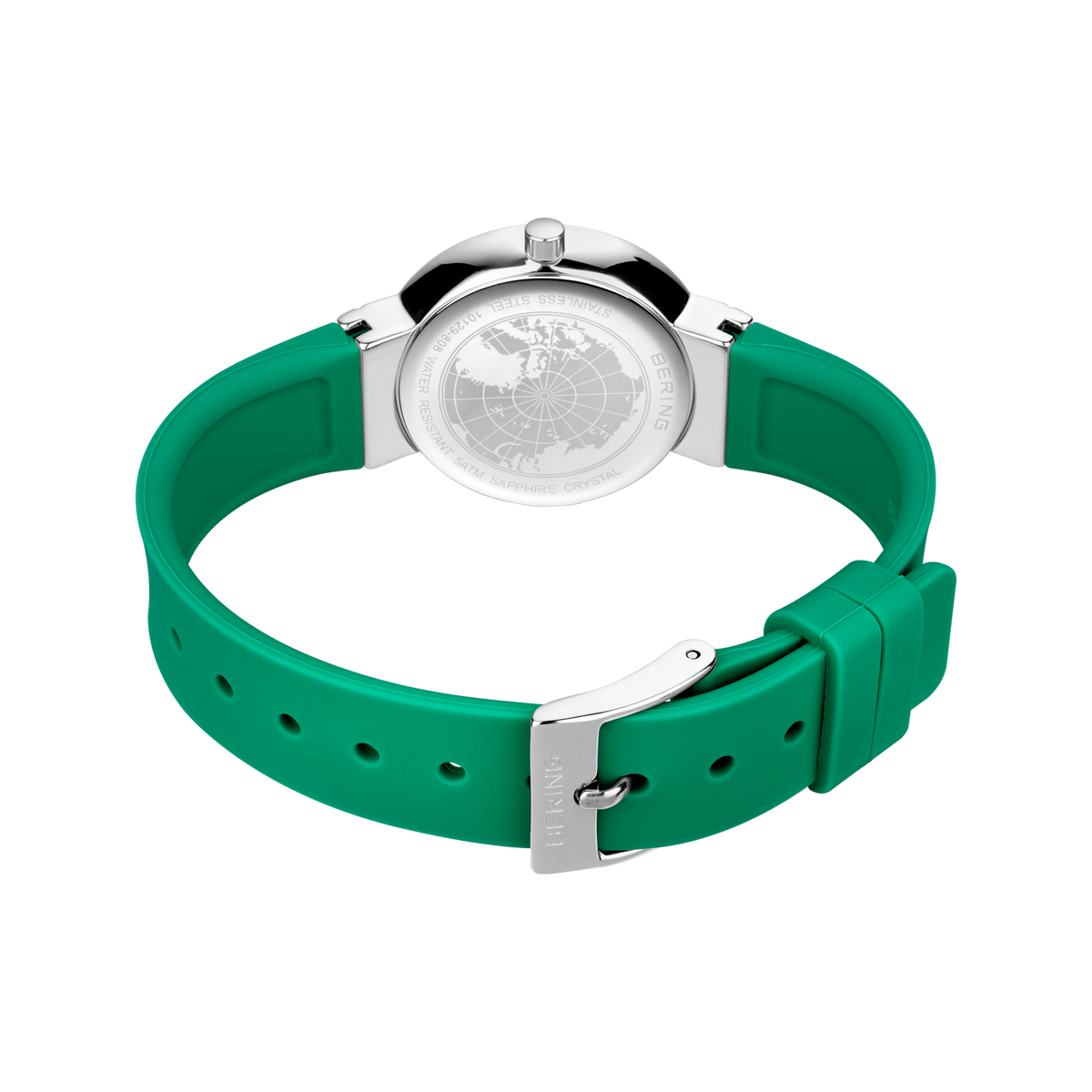 Montre vue de l'arrière avec bracelet vert et boîtier argenté, boucle en métal visible.