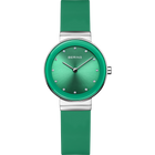 Montre BERING avec cadran vert, boîtier argenté, bracelet cuir vert et index horaires