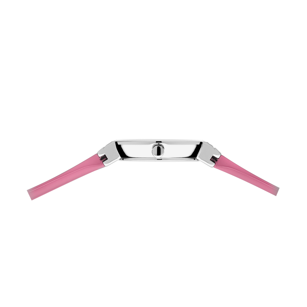 Wristwatch displayed from side angle, showing silver-tone metal case with pink silicone band
