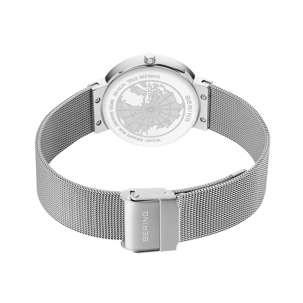 Dos gravé et bracelet maille de montre BERING avec fermoir pliant.