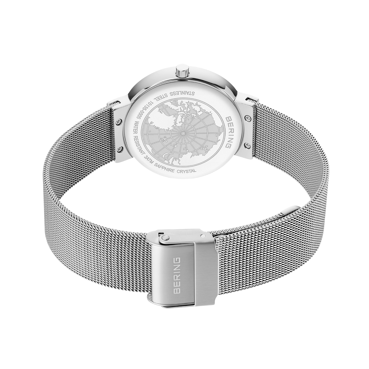 Montre BERING vue de l'arrière avec bracelet en maille acier et fermoir marqué.