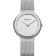 Montre-bracelet maille argentée avec cadran blanc rond et design minimaliste, vue de face.