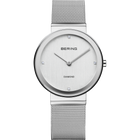 Montre-bracelet argentée, cadran rond avec logo BERING et marqueurs diamant, bracelet maille