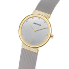 Gold-toned watch with silver dial, diamond hour markers, and mesh bracelet, displayed at angle