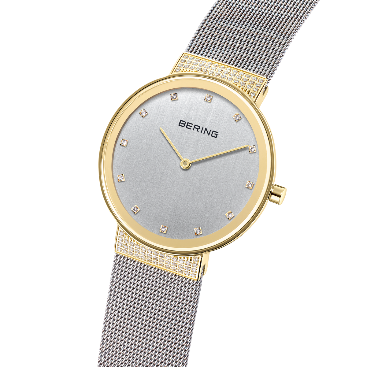 Gold-toned watch with silver dial, diamond hour markers, and mesh bracelet, displayed at angle