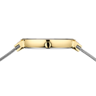 Wristwatch shown in profile view, champagne gold rectangular case, metal bracelet
