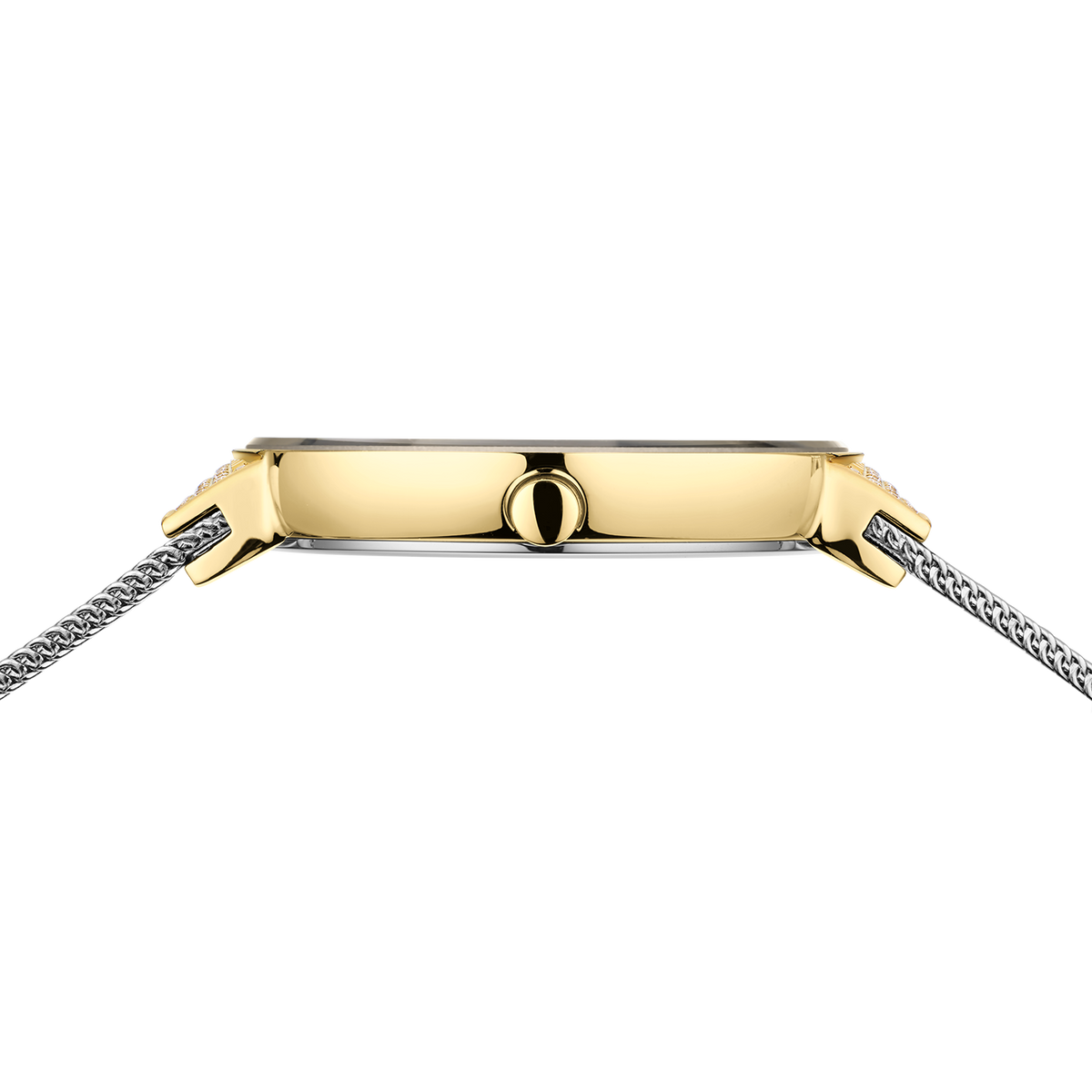 Wristwatch shown in profile view, champagne gold rectangular case, metal bracelet