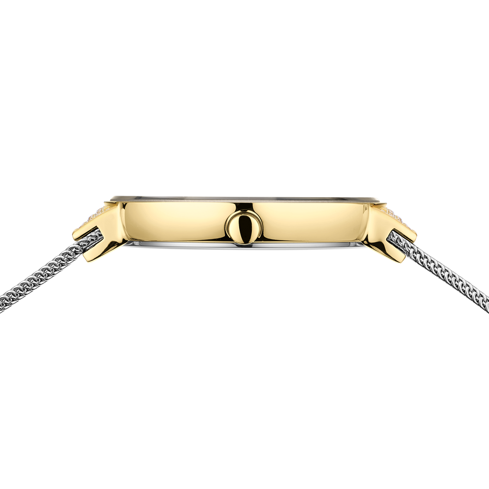 Wristwatch shown in profile view, champagne gold rectangular case, metal bracelet