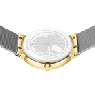 BERING watch with white dial and world map design, gold-tone case accents, and dark mesh bands, viewed from above