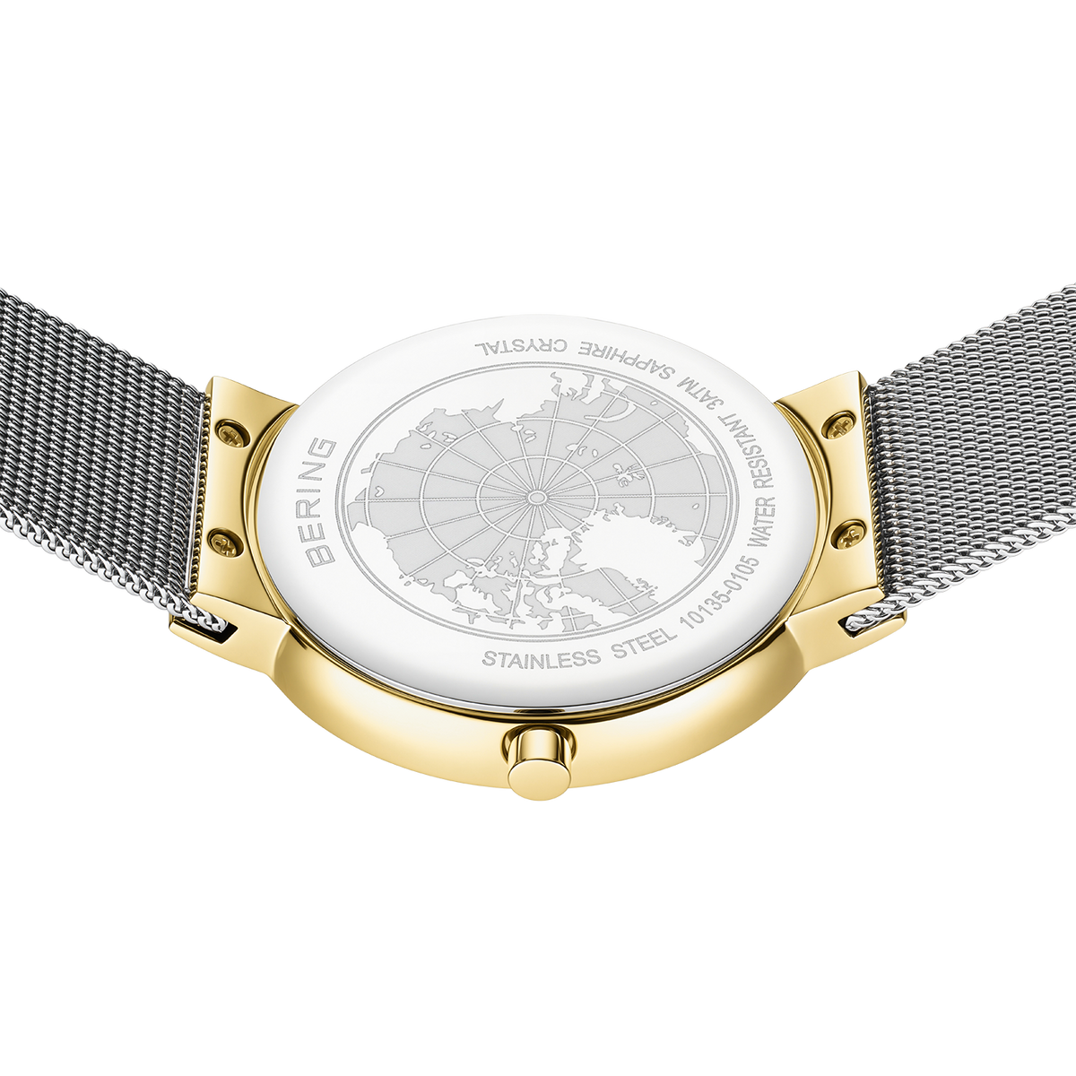 BERING watch with white dial and world map design, gold-tone case accents, and dark mesh bands, viewed from above