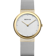 BERING Armbanduhr mit vergoldeter Lünette, weißem Zifferblatt und Netzarmband