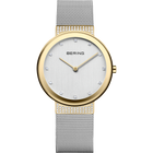 BERING wristwatch with gold-toned case, white dial, and mesh bracelet, front view