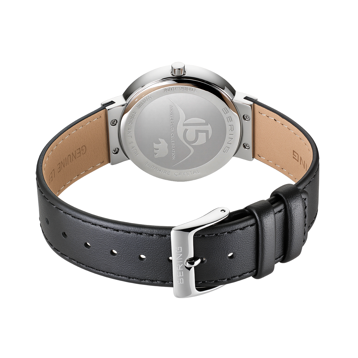 BERING horloge van achteren met stalen kast en zwart leren band