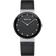 BERING horloge met zwarte wijzerplaat, witte indexen en wijzers, zwart lederen band met mesh-detail, voorkant.