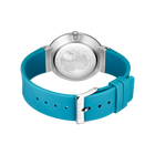 Watch with round silver case and turquoise silicone strap, viewed from the back