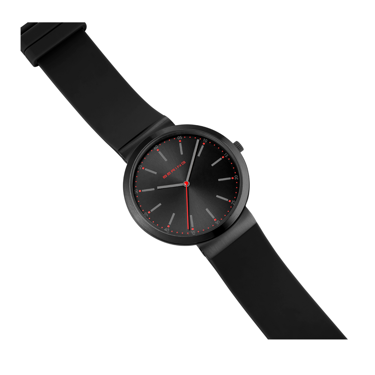 BERING horloge 10141-402 schuine weergave met rond zwart wijzerplaat, minimalistisch ontwerp en rode wijzers, zwarte band