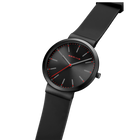 Zwart BERING horloge met minimalistisch wijzerplaat, rode wijzers en zwart bandje, schuin gefotografeerd