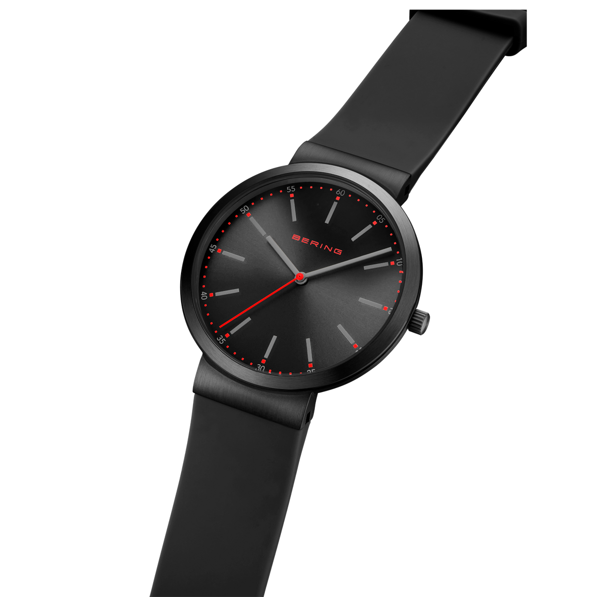 Zwart BERING horloge met minimalistisch wijzerplaat, rode wijzers en zwart bandje, schuin gefotografeerd