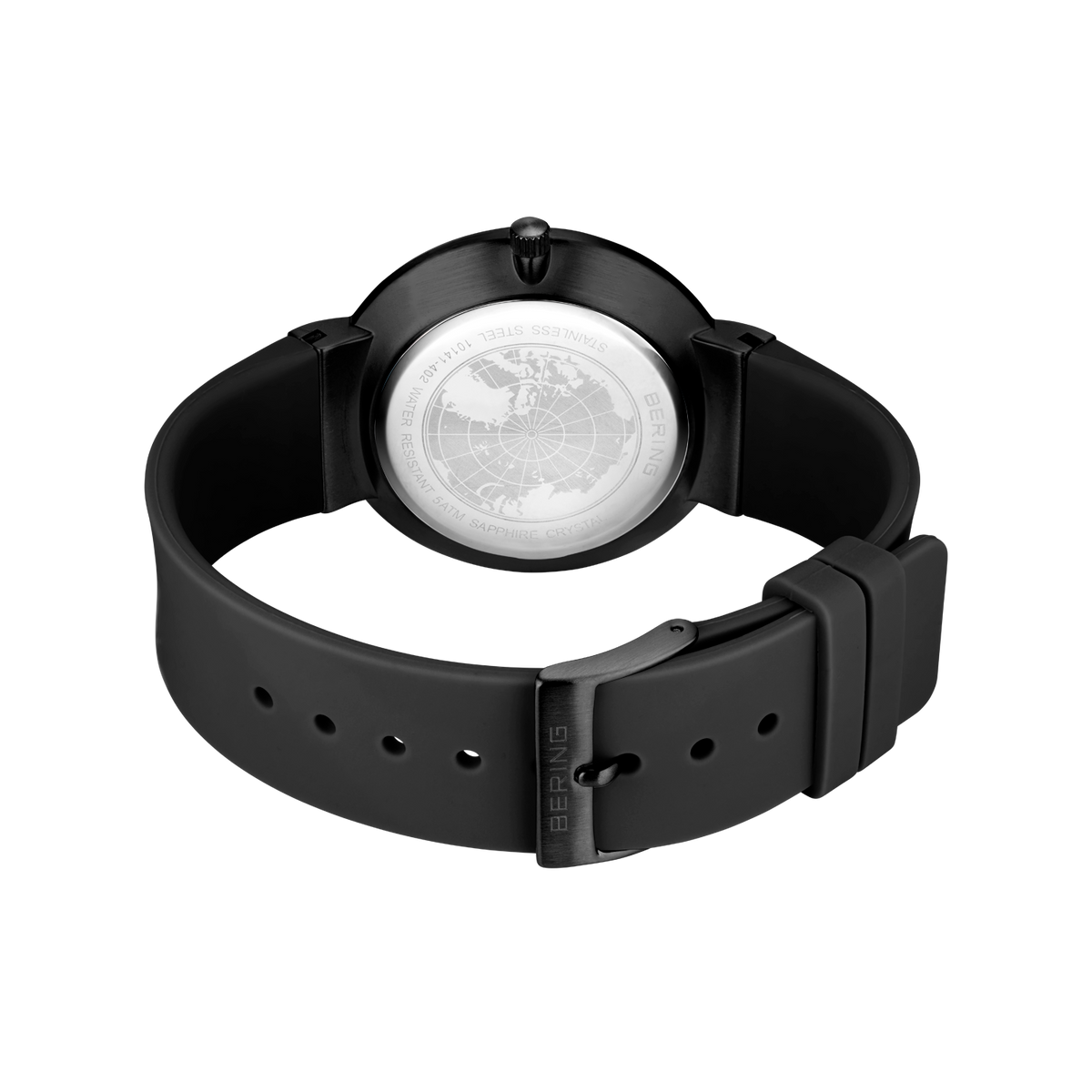 Achterzijde zwart horloge bandje met sluiting en verstelgaten