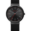 Schwarze BERING-Armbanduhr mit minimalistischem Zifferblatt, roten Zeigern und schwarzem Silikonband.