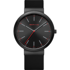 Zwart BERING-horloge met minimalistisch wijzerplaat, rode wijzers en zwart siliconen bandje.
