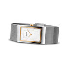 Reloj de malla plateada con esfera rectangular blanca y caja de oro rosa, vista de ángulo