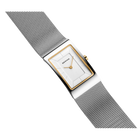 Reloj rectangular con esfera blanca, caja oro rosa y pulsera malla gris oscuro, vista angular