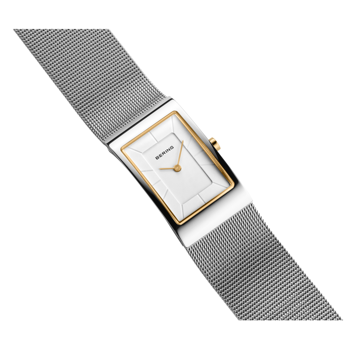 Reloj rectangular con esfera blanca, caja oro rosa y pulsera malla gris oscuro, vista angular